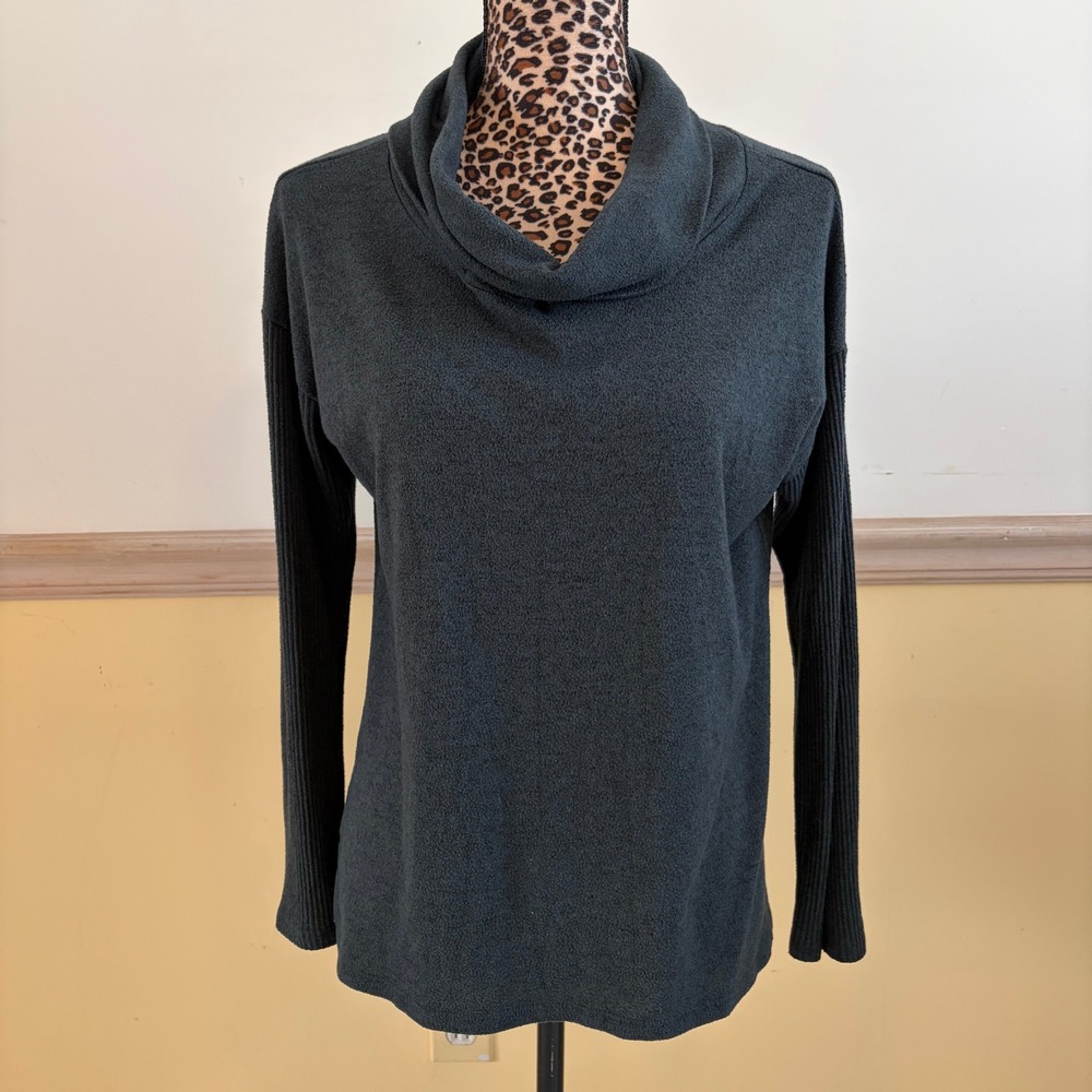 Gilli Anthropologie Green Cowl Neck Pullover Top Fuzzy Ribbed Knit No Size Tag